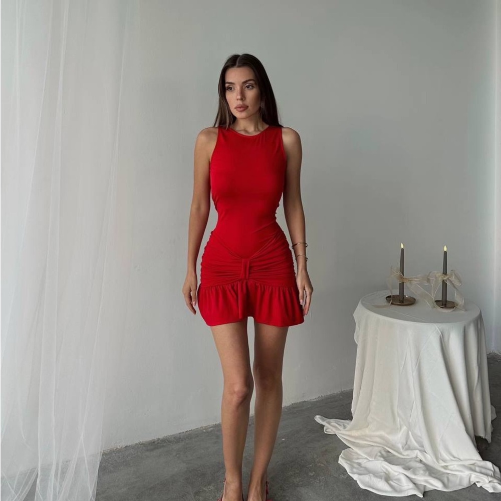 Sleek Red Ruched Mini Dress - Picture 5 of 6